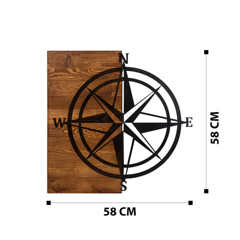 Decoratiune de perete, Pusula, Metal, Cadru: 100% LEMN (grosime: 3 cm), Nuc negru