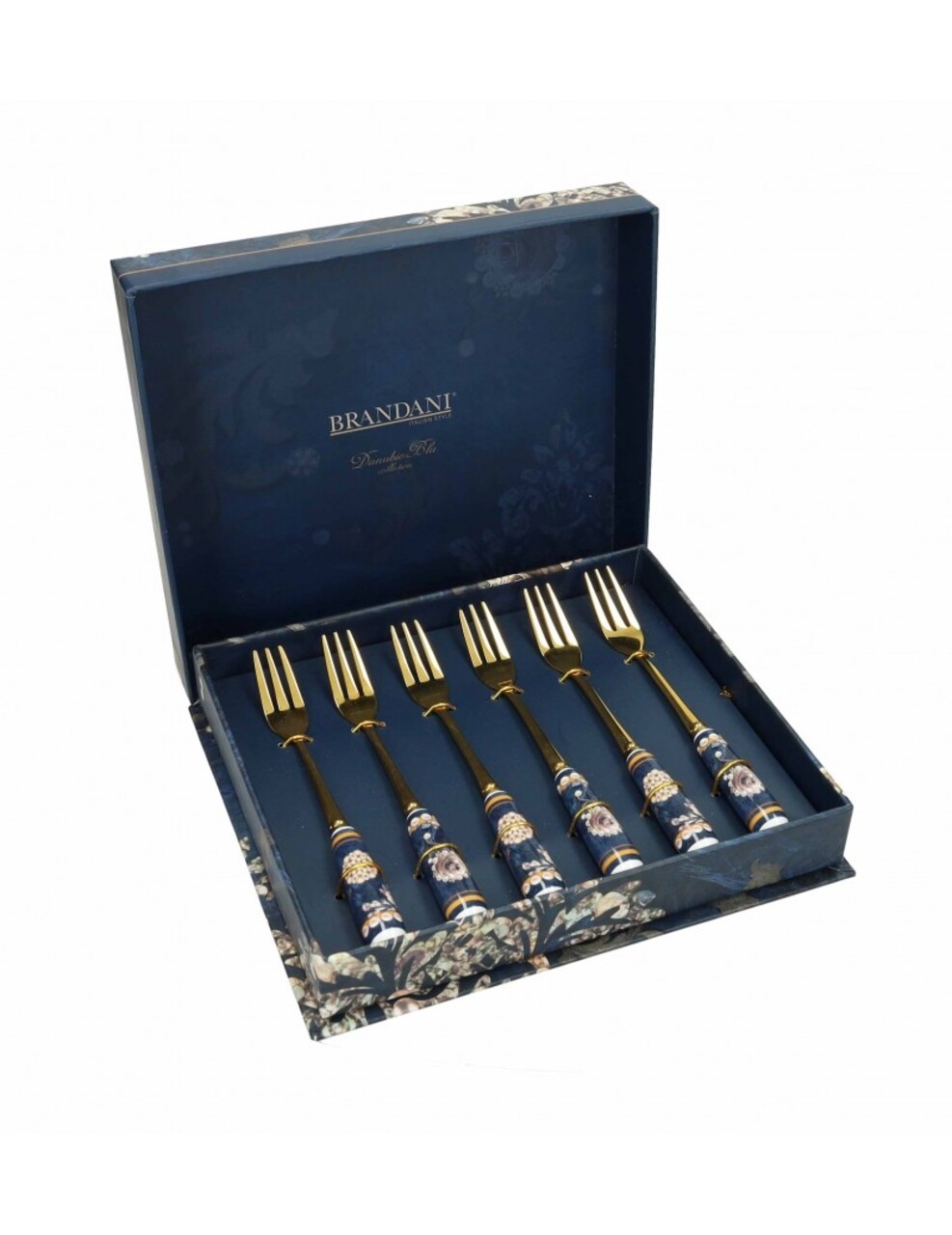 Set 6 furculite desert Blue Danube Gold, Brandani, inox, maner ceramic