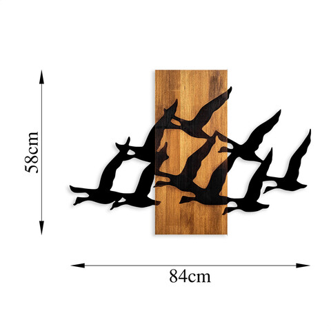 Decoratiune de perete, Migrant Birds, Lemn/metal, Dimensiune: 84 x 58 cm, Nuc / Negru