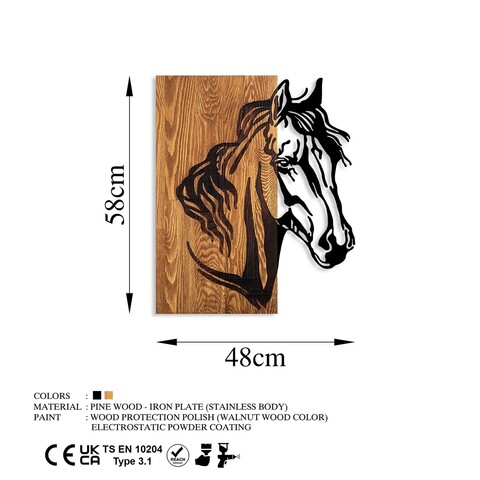 Decoratiune de perete, Horse 1, Lemn/metal, Dimensiune: 48 x 57 cm, Nuc / Negru