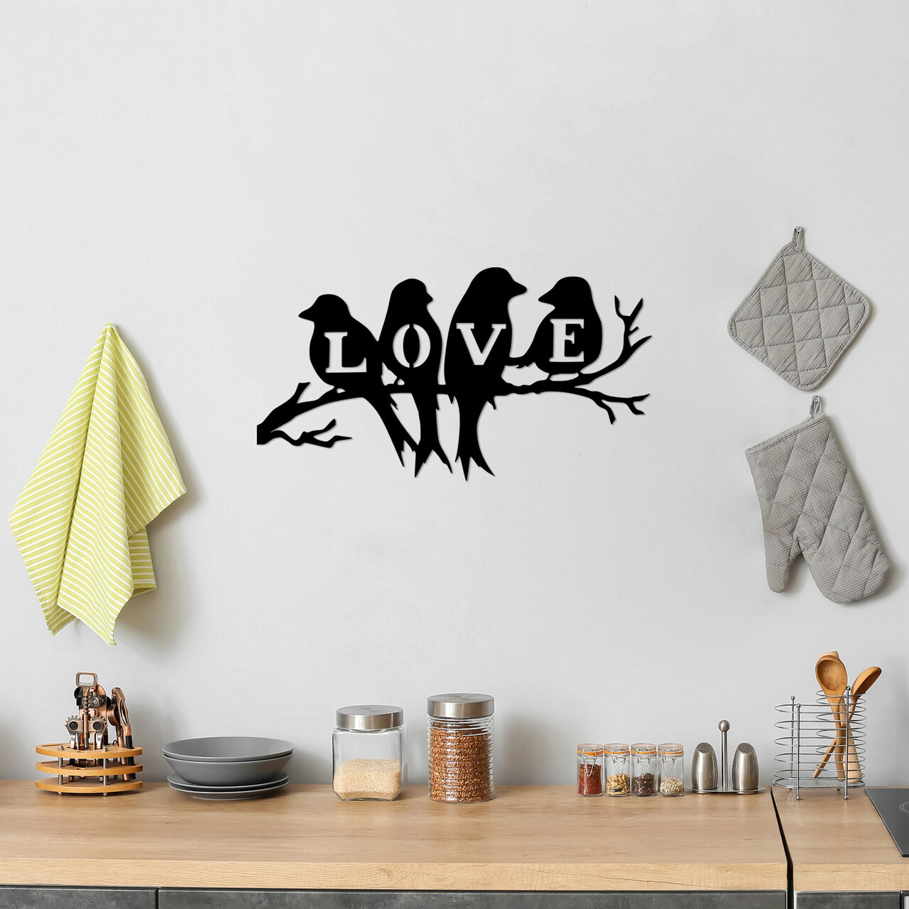 Decoratiune de perete, Birds Love, Metal, Dimensiune: 68 x 37 cm, Negru