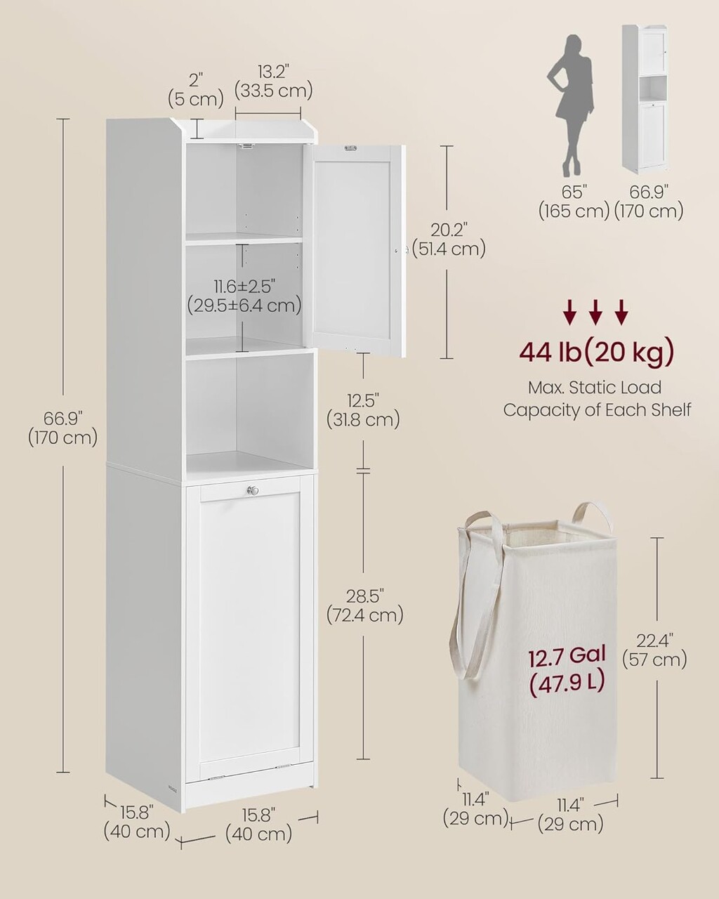 Dulap inalt de baie cu cos de rufe, Vasagle, 40x40x170 cm, MDF/poliester, alb nor