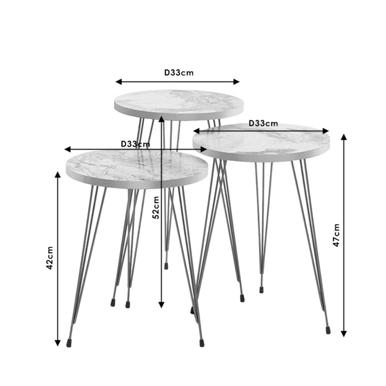 Set 3 masute de cafea Buena, Pakoworld, 33x33x52 cm, PAL/metal, gri inchis marmorat/auriu