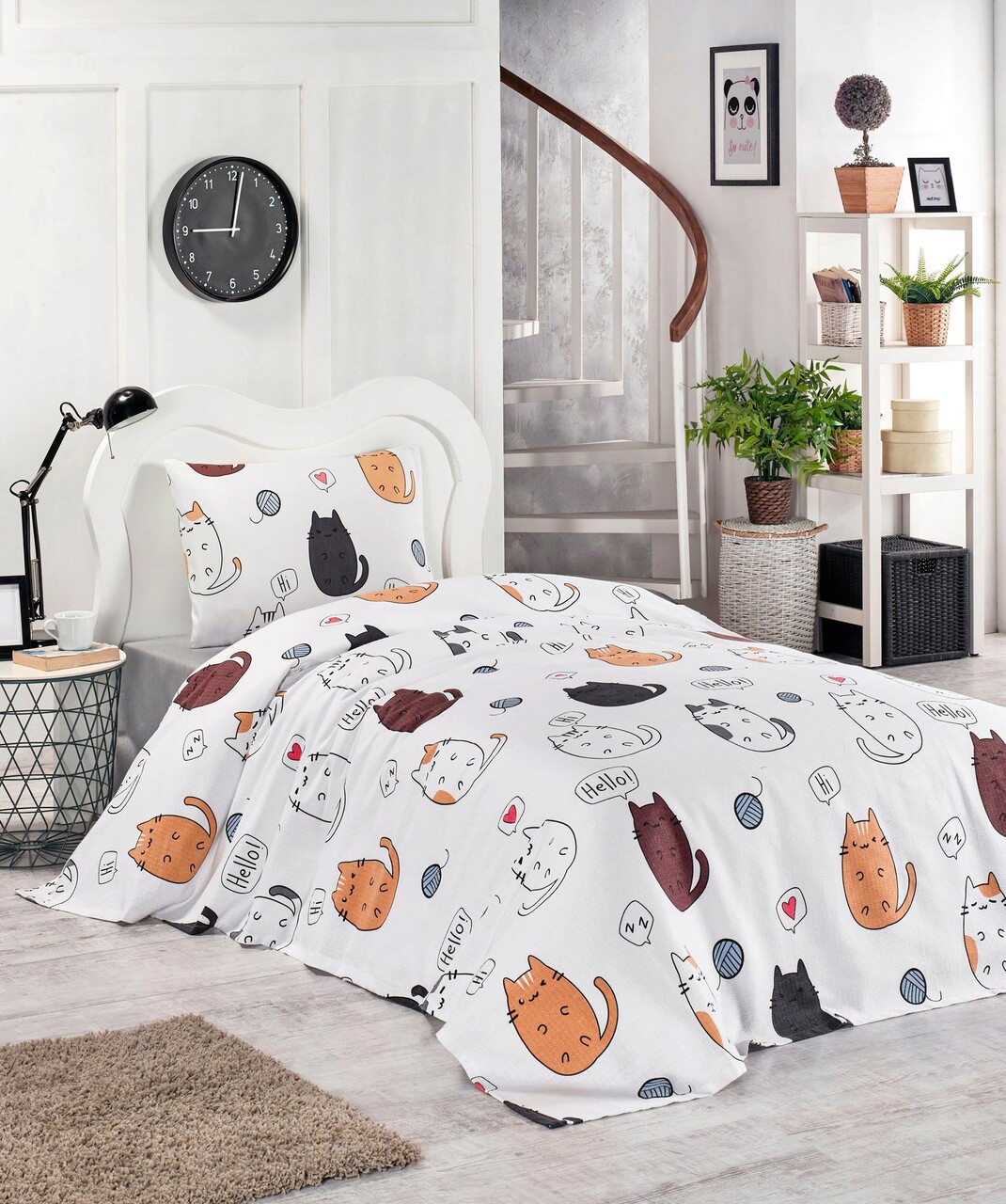 Set Cuvertura Pique Single, Hello Cats, Eponj Home, Bumbac