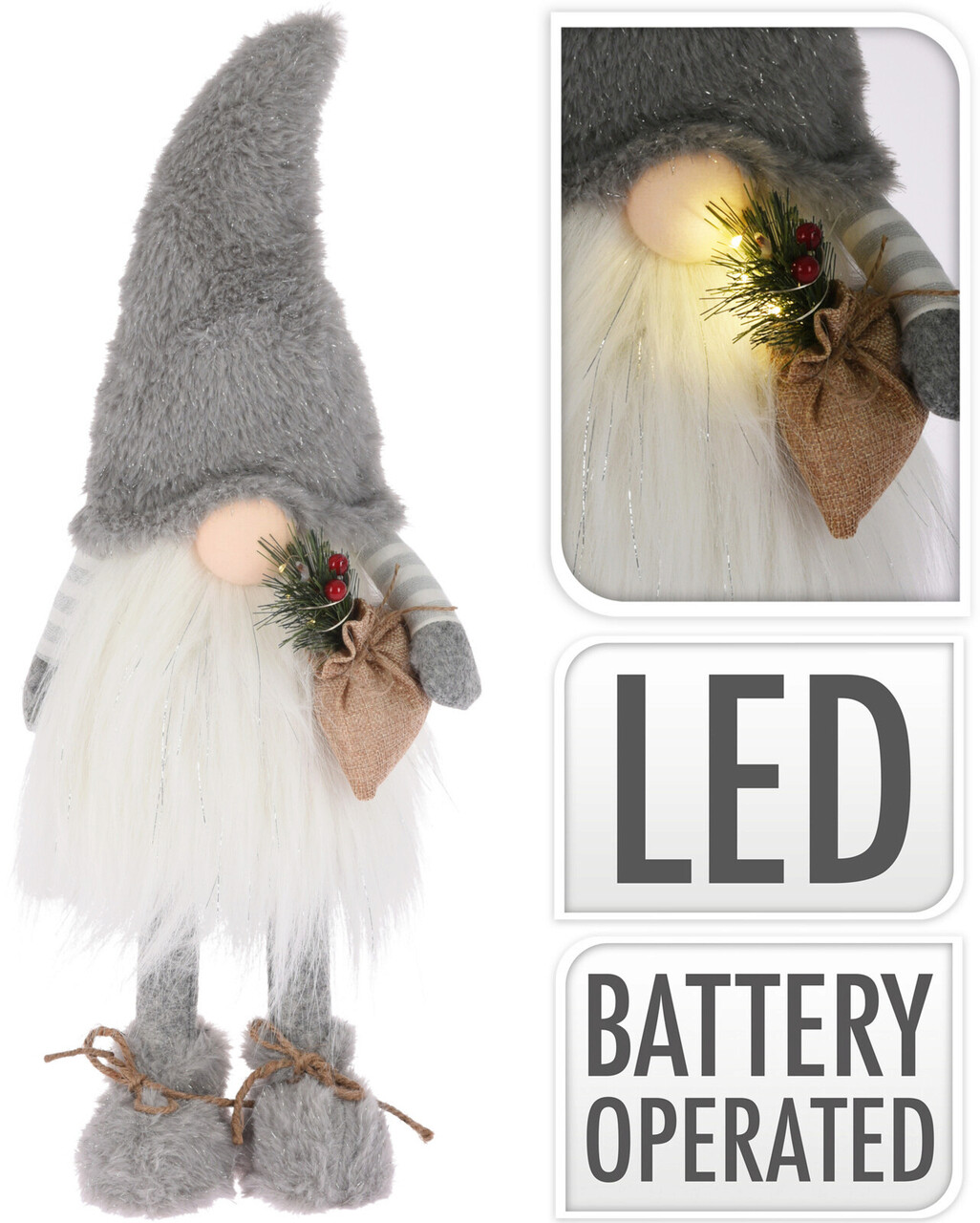 Decoratiune luminoasa Gnome w light grey hat, 18x22x53 cm, plus, alb/gri