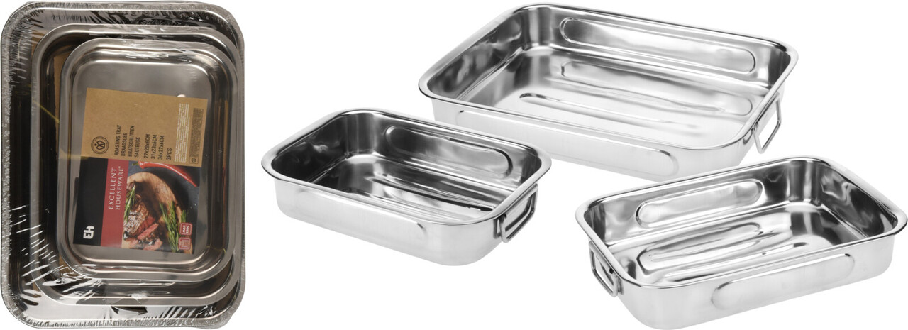 Set 3 tavi de copt din inox Roasting, Excellent Houseware, 36x27x6 cm, argintiu