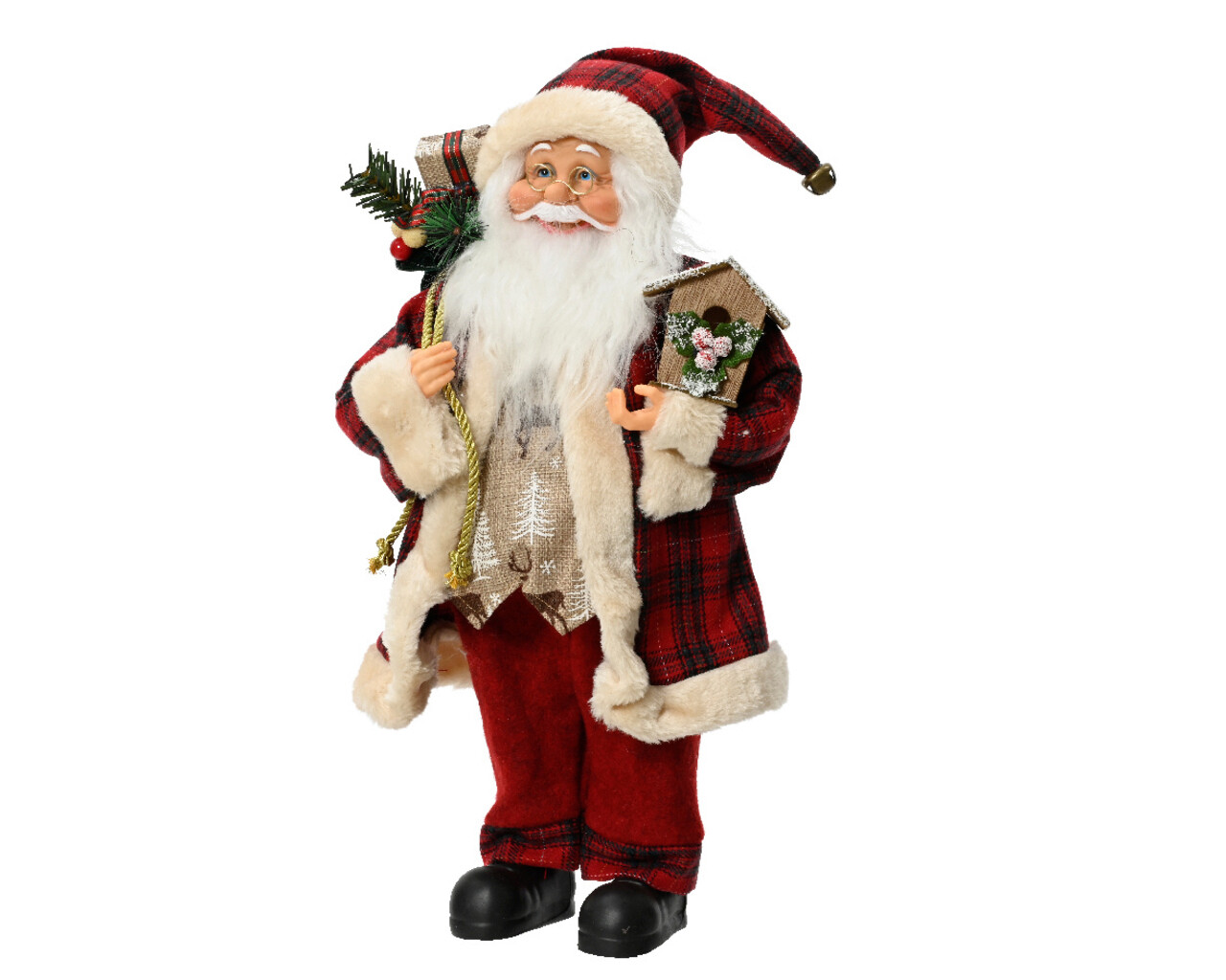 Decoratiune Santa w red coat in checked pattern, Decoris, 15x25x45 cm, poliester, rosu