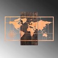 Decoratiune de perete, World Map Wıth Compass, 50% lemn/50% metal, Dimensiune: 85 x 58 cm, Nuc / Cupru