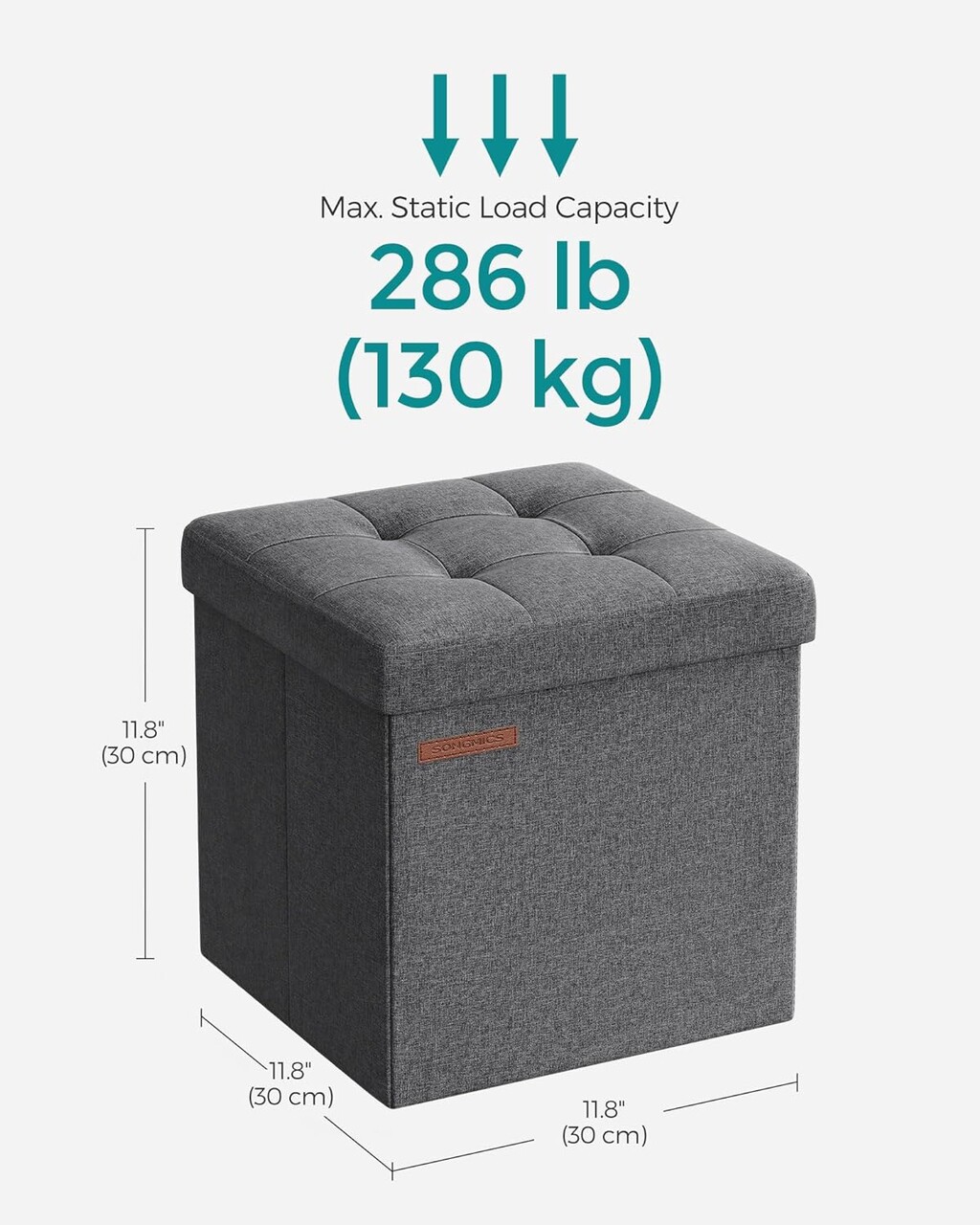 Set 2 taburete cu spatiu depozitare Ottoman, Vasagle, 30x30x30 cm, max 130 kg, MDF/textil, gri