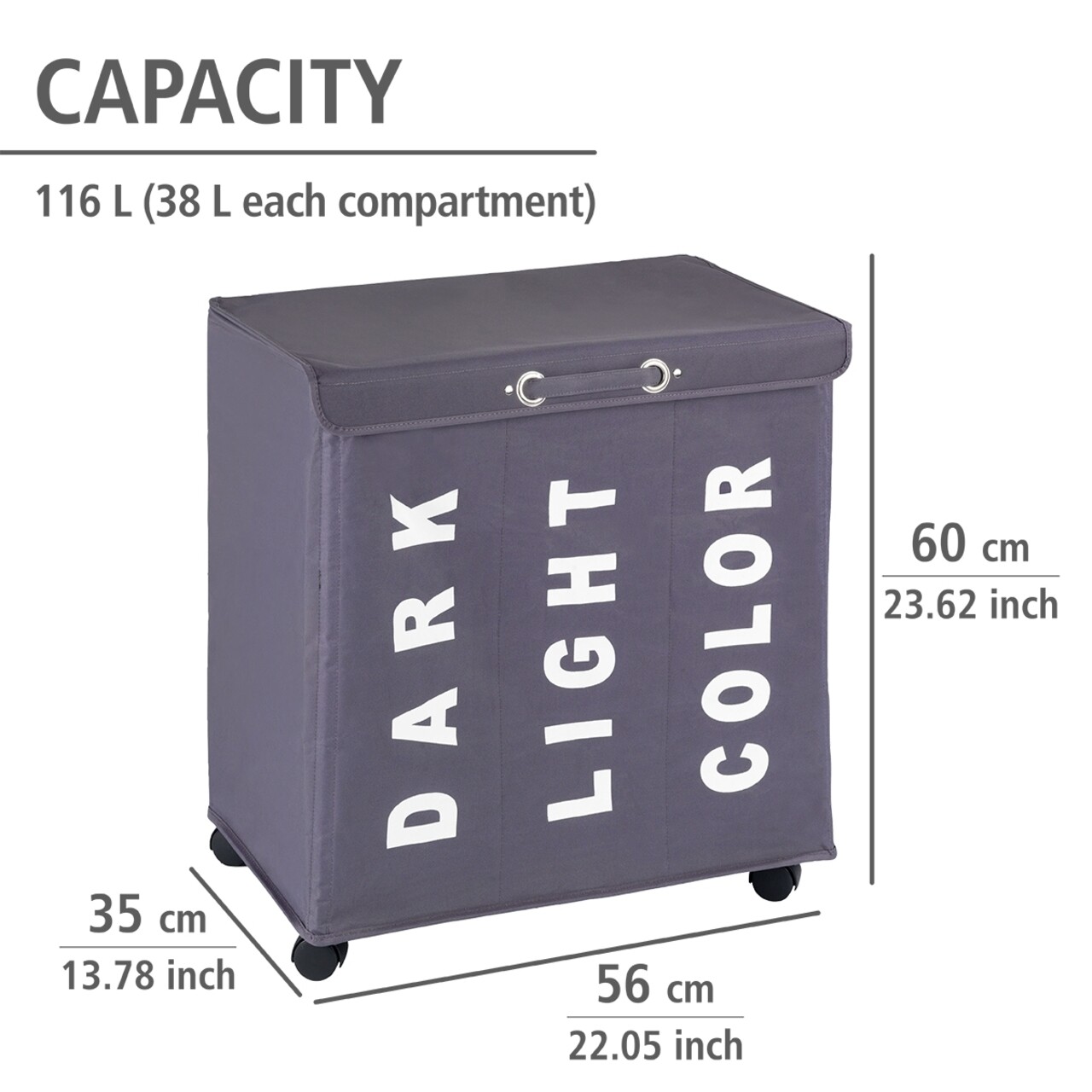 Cos de rufe cu 3 compartimente, Wenko, Trivo, 116 L, 56 x 60 x 35 cm, poliester/polipropilena, gri - 1 | YEO