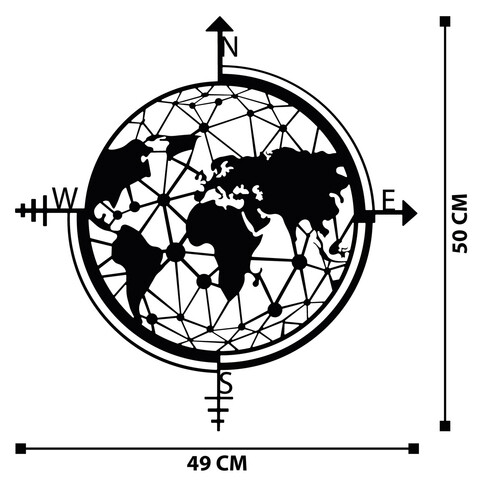 Decoratiune de perete, World Map, Metal, Dimensiune: 69 x 37 cm, Negru