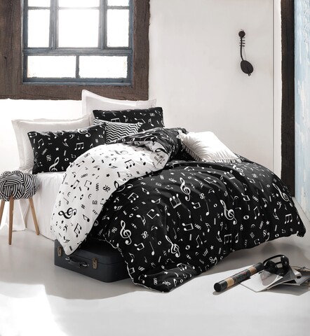 Lenjerie de pat dubla king size, EnLora Home, 162ELR61280, 3 piese, amestec bumbac, negru/alb