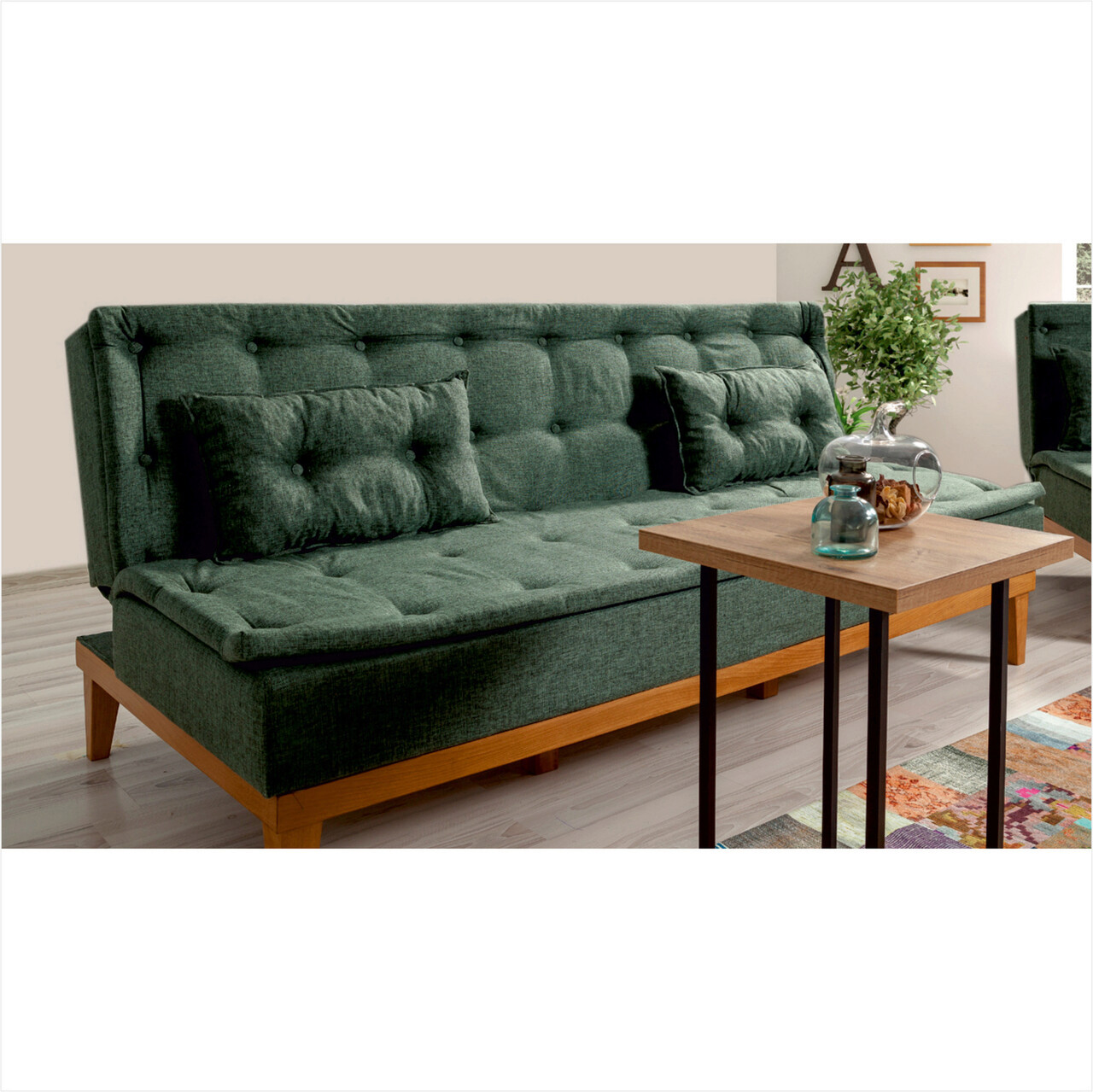 Set canapea extensibilă, Unique Design, 867UNQ1608, Lemn de carpen, Verde - 2 | YEO