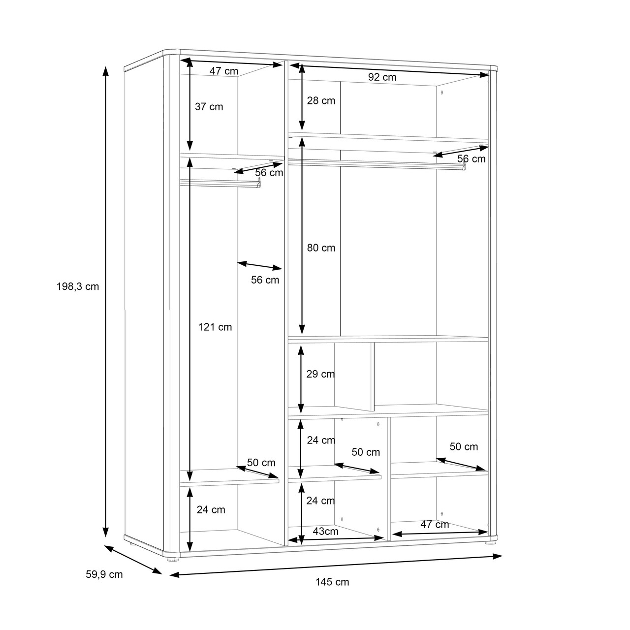 Dulap pentru haine Oude, Bedora, 145x59.9x198.3 cm, PAL/MDF/lemn, alb/stejar