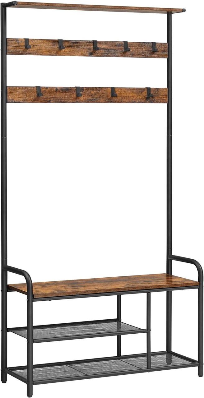 Cuier cu bancheta si pantofar Industrial, Vasagle, 85x30x180.5 cm, PAL/otel, maro rustic