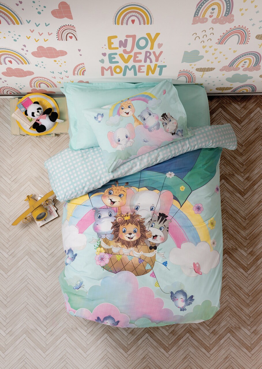 Lenjerie de pat pentru o persoana, 3 piese, 160x220 cm, 100% bumbac ranforce, Cotton Box, Cute Animals, menta