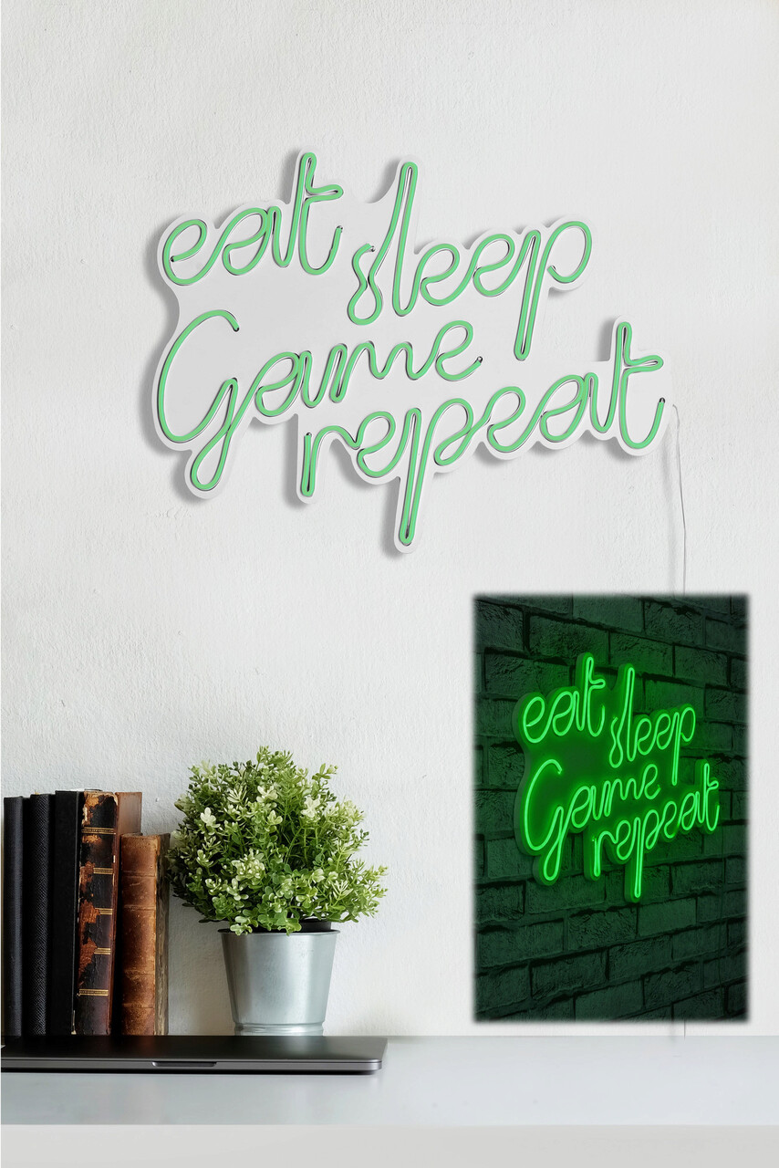 Decoratiune luminoasa LED, eat sleep game repeat, Benzi flexibile de neon, DC 12 V, Verde - 1 | YEO