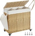 Cos de rufe tesut manual cu 3 compartimente, buzunar lateral si roti, Vasagle, 140 L, 66x36x60 cm, poliratan/metal/bumbac, natural