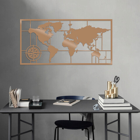 Decoratiune de perete, World Map Metal Decor 7, Metal, Dimensiune: 121 x 60 cm, Cupru