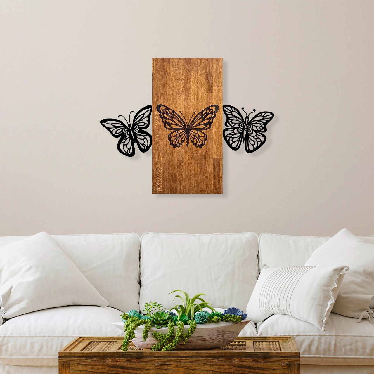 Decoratiune de perete, Butterflies 2, Lemn/metal, Dimensiune: 74 x 58 cm, Nuc / Negru - 1 | YEO