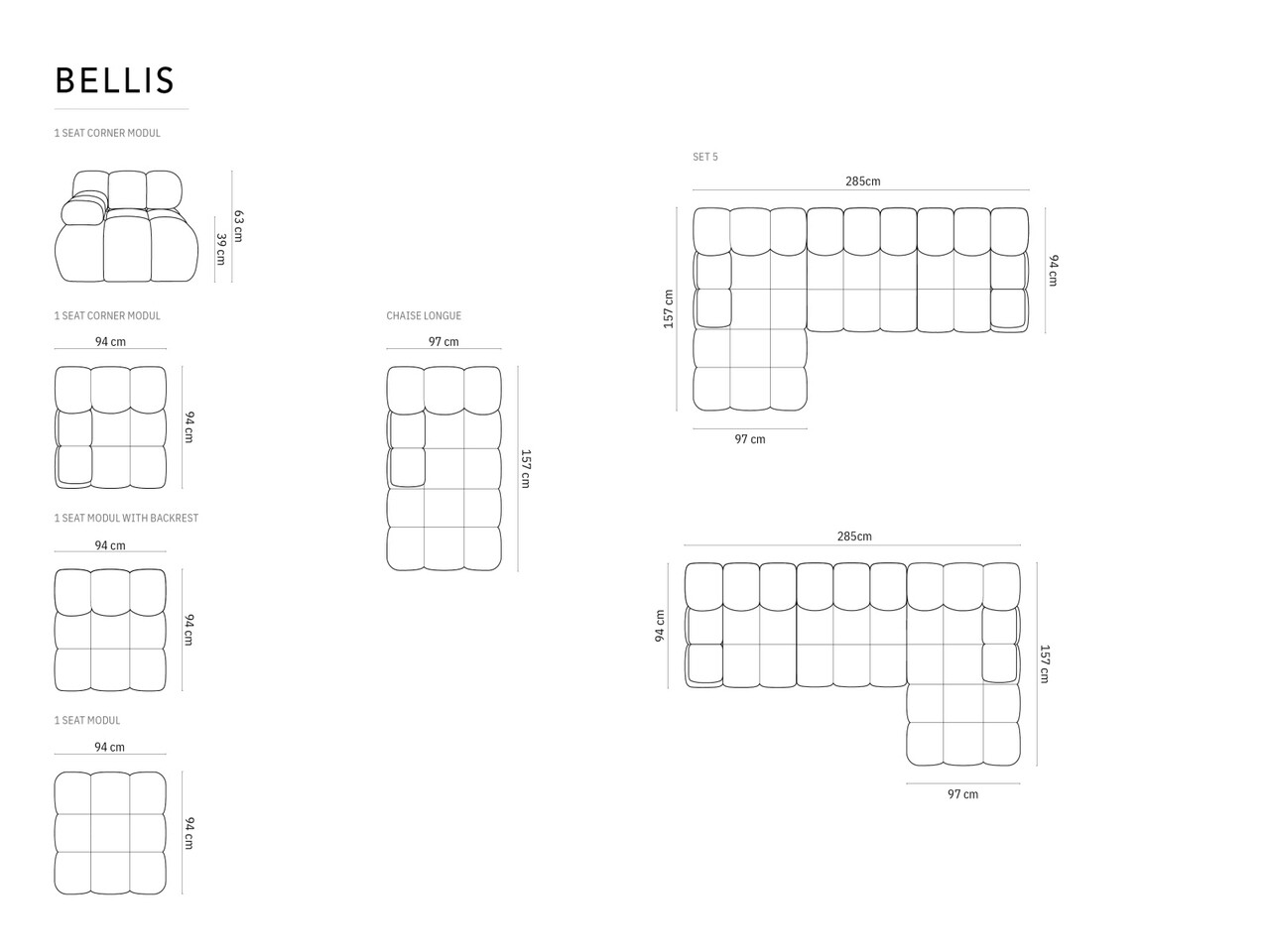 Coltar modular stanga 4 locuri, Bellis, Micadoni Home, BL, 285x122x63 cm, catifea, albastru deschis