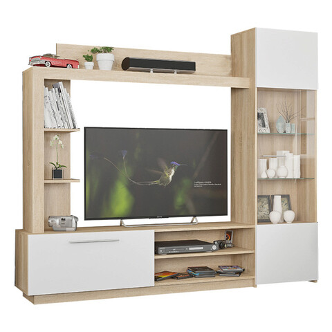 Mobilier pentru living June, Pakoworld, 204x35x177 cm, PAL/sticla, alb/sonoma