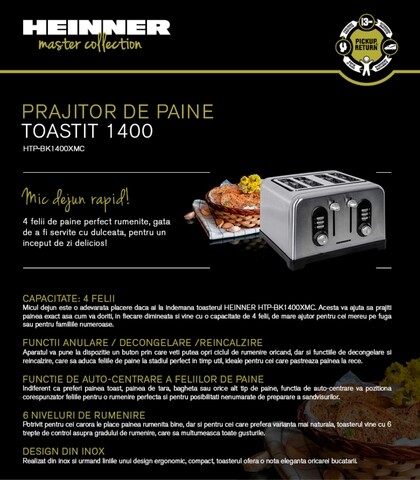 Prajitor de paine Toastit, Heinner, 1400-1600 W, 6 nivele, gri