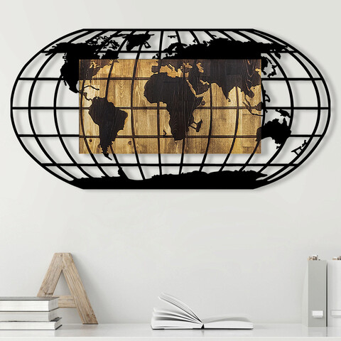 Decoratiune de perete, World Map 2, Metal/lemn, 102 x 3 x 50 cm, Nuc / Negru