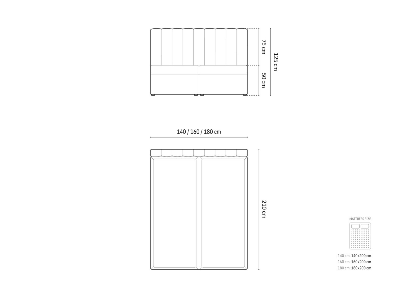 Pat continental cu tablie si lada depozitare + topper 4 cm + saltea 14 cm, Kelp-138, Micadoni Home, 140x200 cm, tesatura structurata chenille, bej