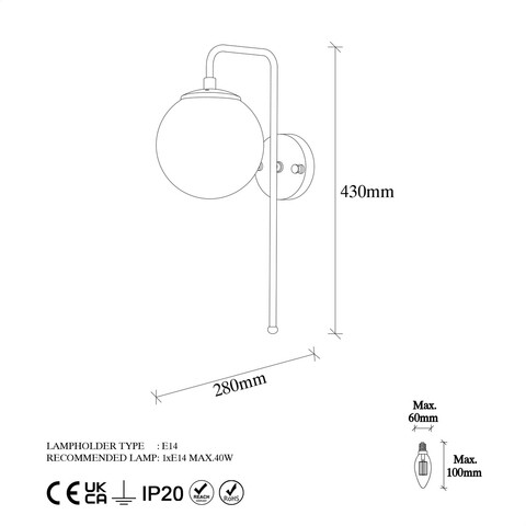 Aplica de perete, Fulgor, 942FLG1329, Metal, Negru