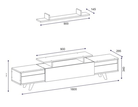 Comoda TV cu raft de perete Miray, Arnetti, 180 x 42 cm/90 x 14.5 cm, alb/walnut