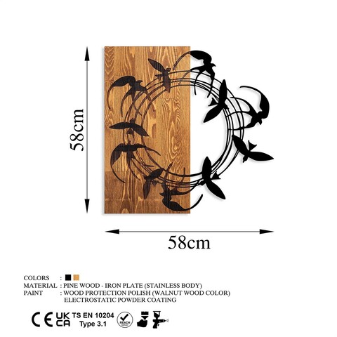 Decoratiune de perete, Spiral Birds 1, Lemn/metal, Dimensiune: 58 x 58 cm, Nuc / Negru
