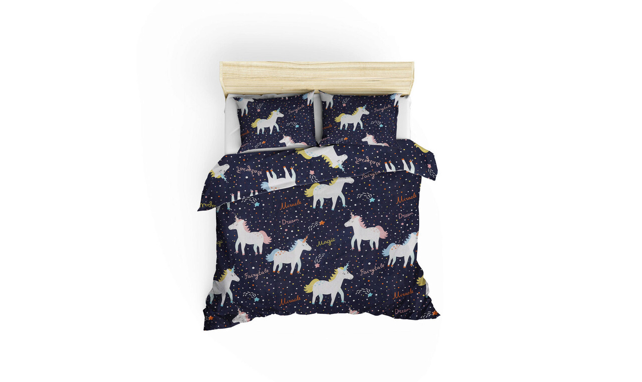 Lenjerie de pat dubla, Magic Unicorn - Dark Blue, Eponj Home, 65% bumbac/35% poliester - 1 | YEO