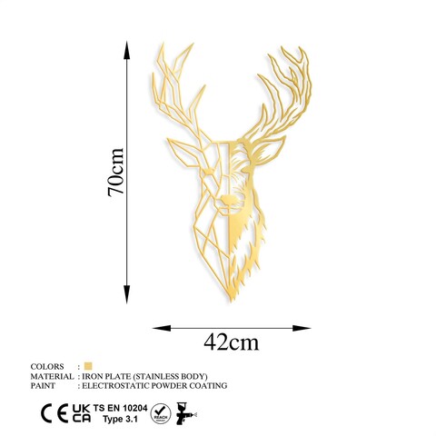 Decoratiune de perete, Red Deer 3, Metal, Dimensiune: 42 x 70 cm, Auriu