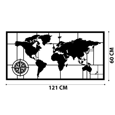 Decoratiune de perete, World Map Metal Decor 7, Metal, Dimensiune: 120 x 55 cm, Negru