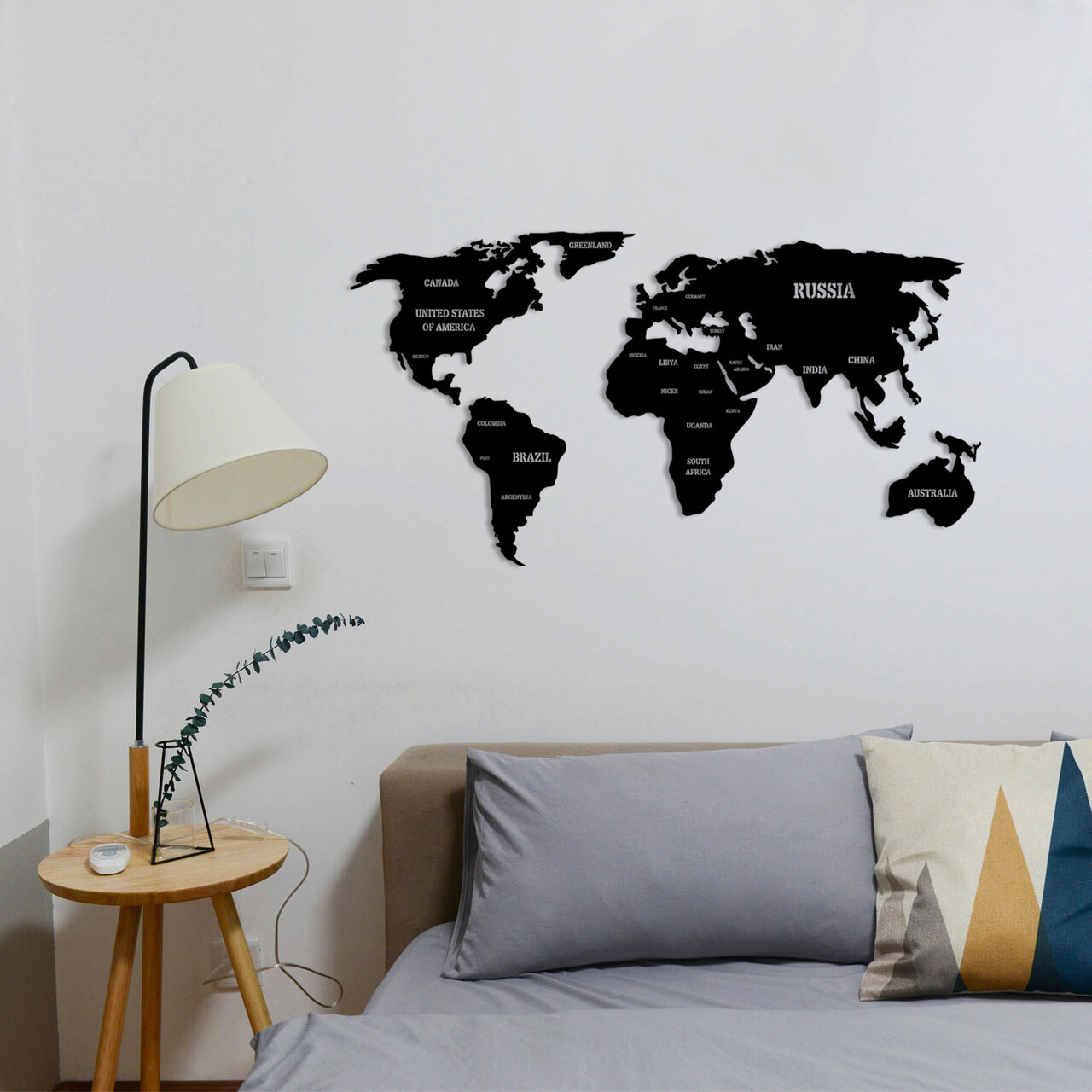 Decoratiune de perete, World Map 4, Metal, Dimensiune: 111 x 74 cm, Negru