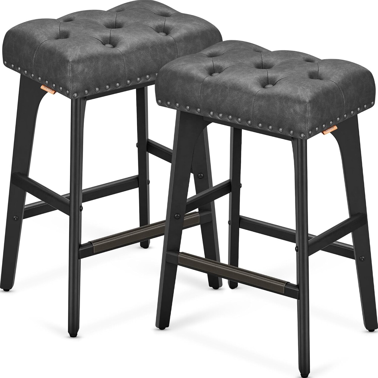 Set 2 scaune de bar, Vasagle, 44x32x66 cm, max 120 kg, lemn de cauciuc/piele ecologica, negru ink