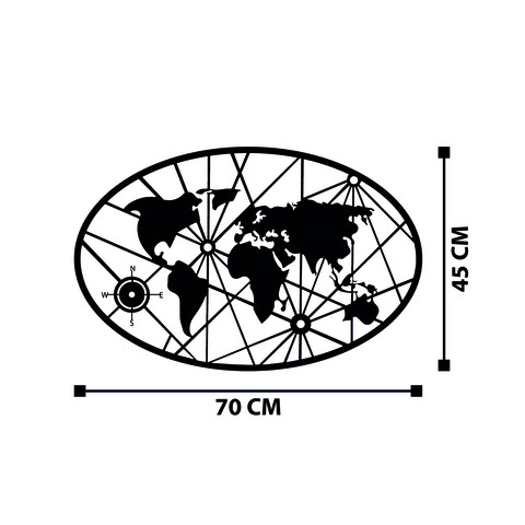 Decoratiune de perete, World Map Small, Metal, Lucrat manual, Negru