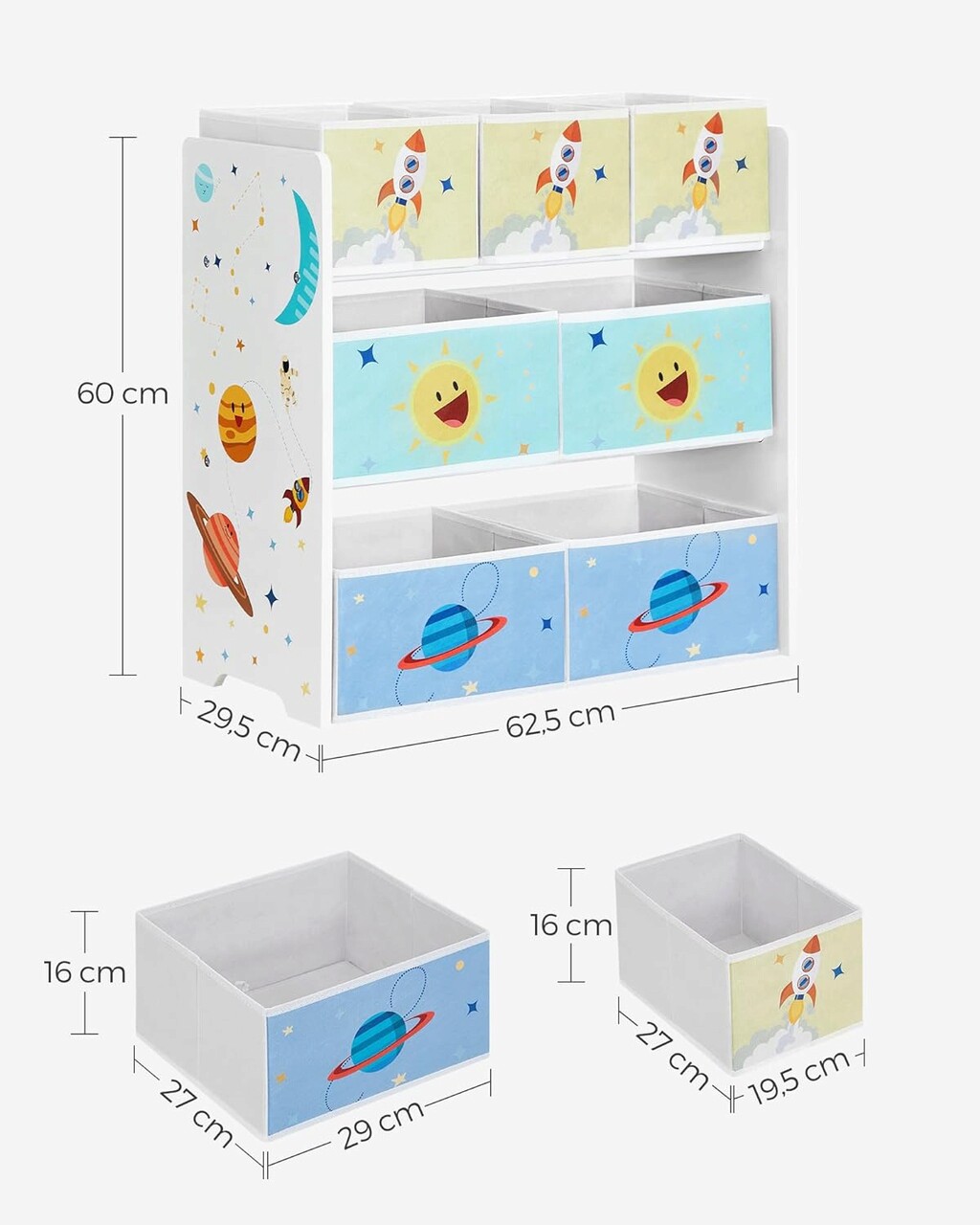 Organizator jucarii / mobilier camera copilului, Vasagle, cu 7 cutii detasabile, 62.5x29.5x60 cm, multicolor