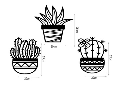 Decoratiune de perete, Cactus, Metal, 20 x 25 cm, 3 piese, Negru