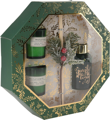 Set cadou aromaterapie Mistletoe Fir, 2 lumanari parfumate si difuzor cu betisoare, aroma vasc/brad, verde