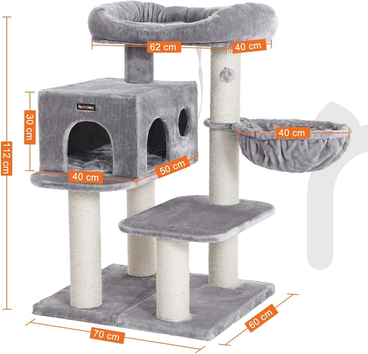 Ansamblu de joaca pisici cu elemente reglabile / arbore pentru pisici cu perna XXL, Feandrea, 70x60x112 cm, PAL/plus/sisal, gri