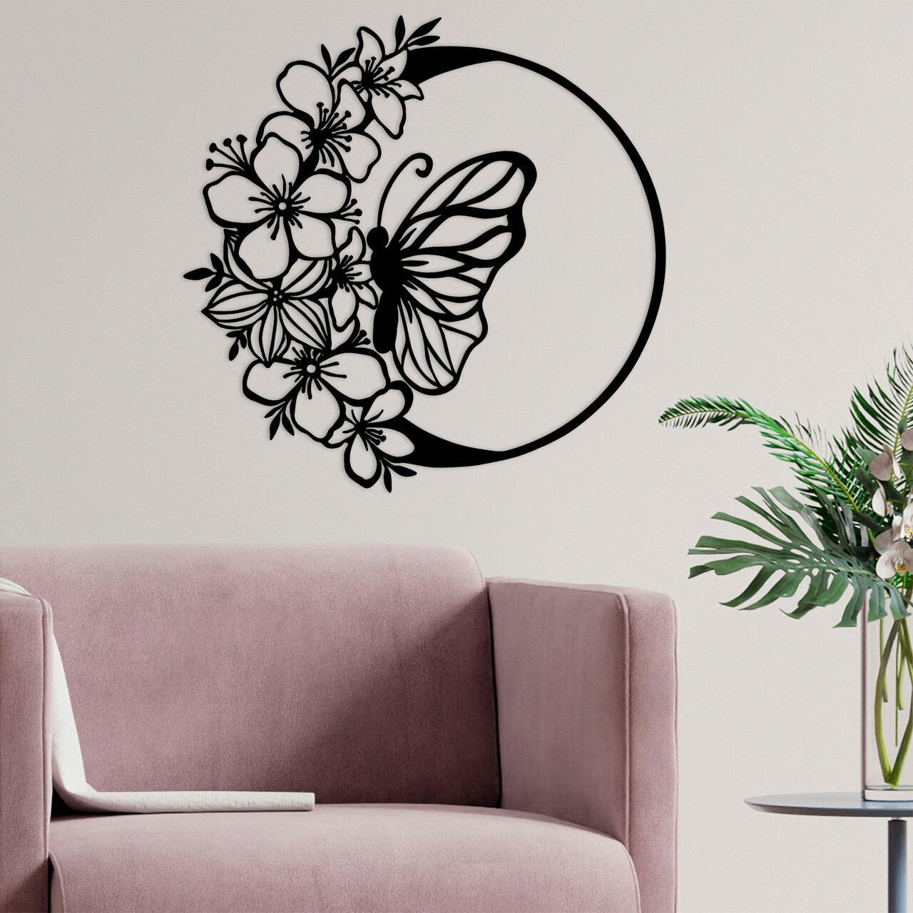 Decoratiune de perete, Butterfly And Flower, Metal, Dimensiune: 69 x 1,5 x 68 cm, Negru - 1 | YEO