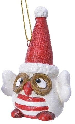 Glob Striped owl w santa hat, Decoris, 6x4.5x9 cm, teracota, rosu/alb