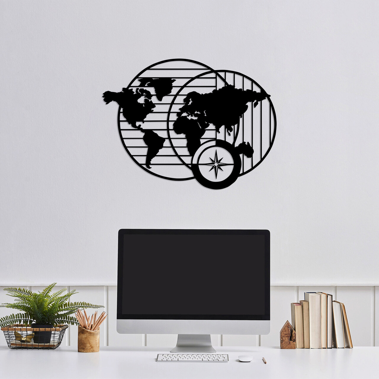 Decoratiune de perete, World Map, Metal, Dimensiune: 70 x 52 cm, Negru