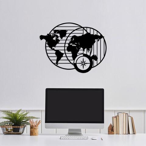 Decoratiune de perete, World Map, Metal, Dimensiune: 70 x 52 cm, Negru