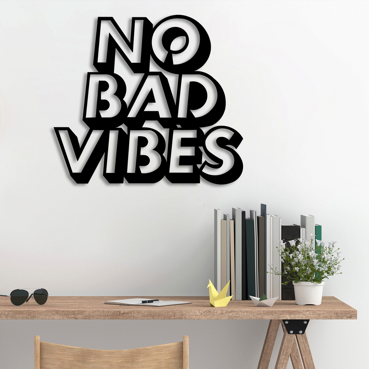 Decoratiune de perete, No Bad Vibes, Metal, Dimensiune: 63 x 1,5 x 55 cm, Negru