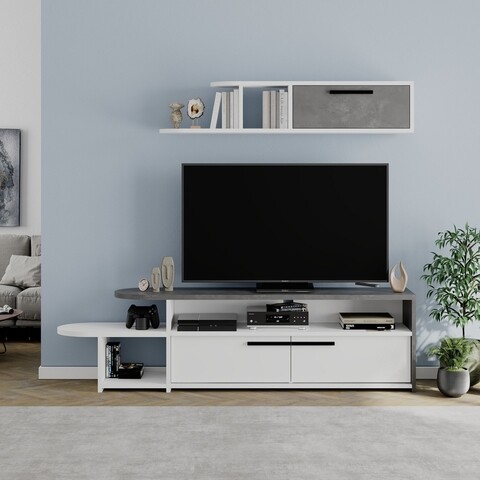 Comoda TV cu raft, Decortie, Lyra, 166.8 x 44.8 x 33 cm, pal melaminat, alb/gri