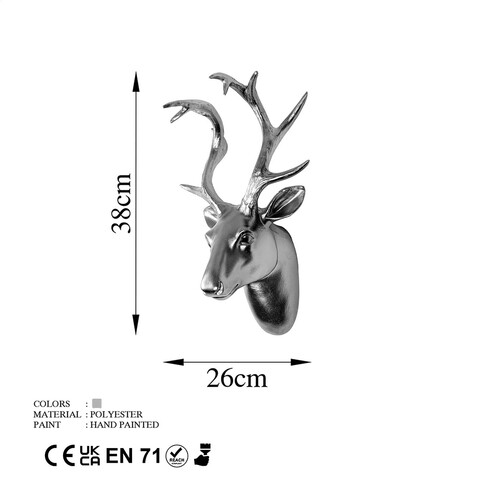 Decoratiune de perete, Bust of Deer, 26x38x17 cm, Poliester, Argintiu