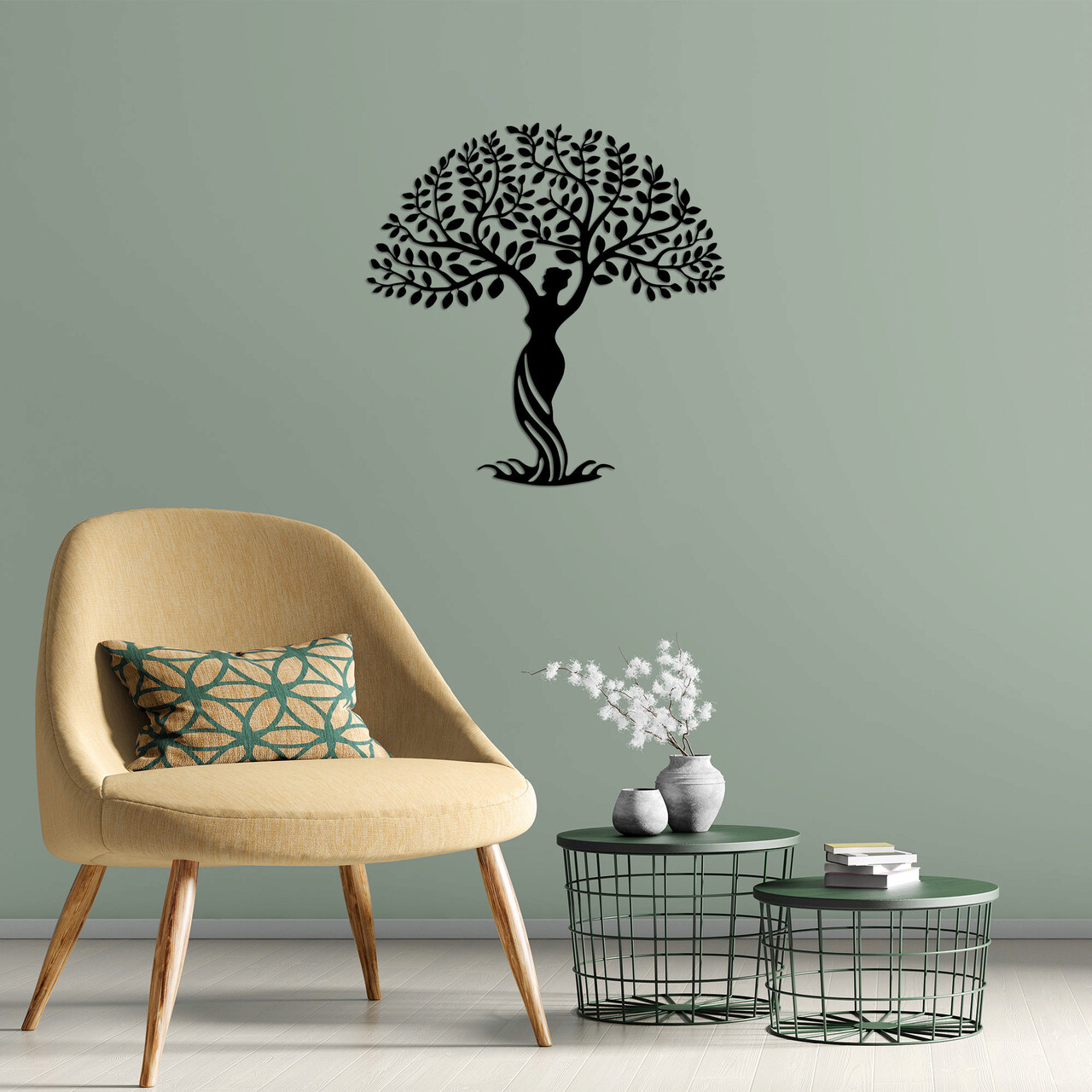 Decoratiune de perete, Women And Tree, Metal, Dimensiune: 69 x 70 cm, Negru - 1 | YEO